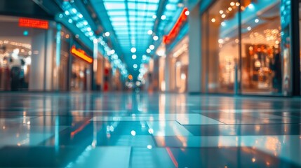 Fototapeta premium Modern shopping mall interior with polished floor reflecting vibrant lights, showcasing storefronts and a spacious atmosphere, inviting customers to explore retail options