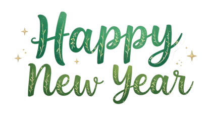 Green leafy "Happy New Year" text with stars on black background.