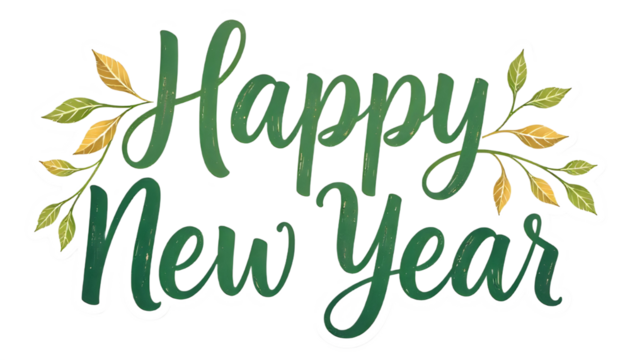 Green leafy "Happy New Year" text with stars on black background.
 - Powered by Adobe