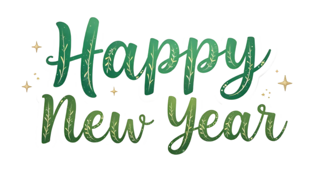 Green leafy "Happy New Year" text with stars on black background.

