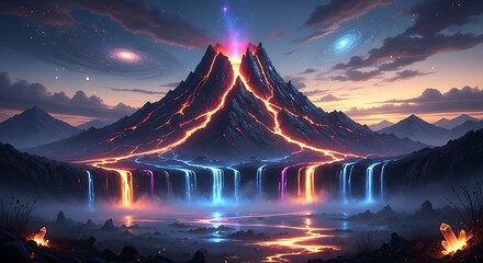 Erupting Volcano with Lava and Neon Waterfalls Under a Starry Sky with Galaxies