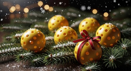 Colorful pickleball ornaments are nestled among evergreen branches, creating a joyful holiday atmosphere. Snowflakes fall softly as lights twinkle in the background, celebrating fitness and fun