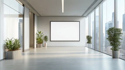 Obraz premium Modern Office Corridor with City Views and Blank Billboard for Advertisement Display 