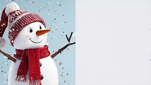 Happy snowman with winter hat during snowfall celebration