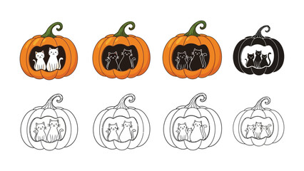 Halloween Pumpkins with Cat Silhouettes: A collection of festive pumpkins, intricately carved with playful cat silhouettes, capturing the essence of Halloween.