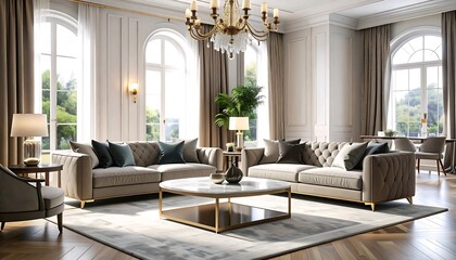 Elegant and luxurious modern living room interior featuring plush tufted sofas, a stylish marble coffee table, and a sparkling chandelier, creating a sophisticated and comfortable residential space