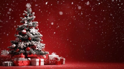Magical decorated Christmas tree with presents and falling snow on a festive red background