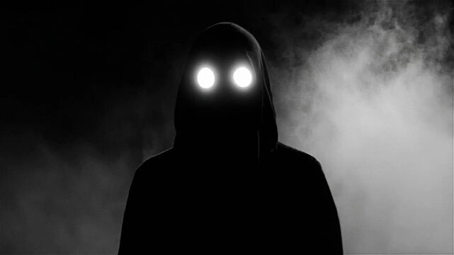Mysterious figure in a hood with glowing eyes appears from smoke