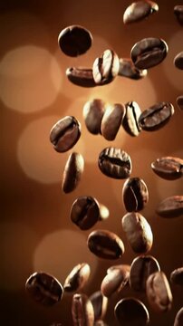 Macro close-up video of rich dark brown Arabica coffee beans slowly falling with glossy sheen, fine textures, warm bokeh background, soft golden hour light. Concept evoking rich coffee aroma