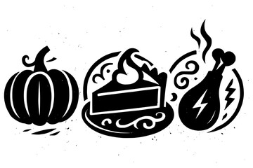 Thanksgiving dinner icons offering pumpkin, pie, and turkey for holiday celebrations