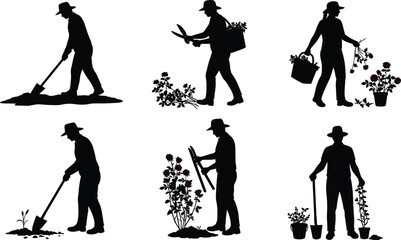 Obraz premium Collection of gardening silhouettes in various poses, including planting, pruning, and digging, a vector illustration for agriculture, hobby, and nature themes