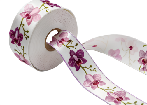 Roll of white ribbon with purple orchid flower pattern isolated on transparent background