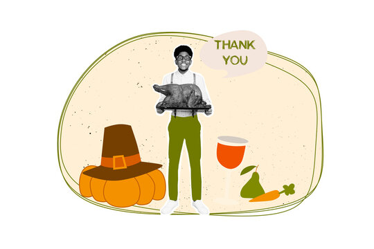 Composite photo collage of smile american guy hold roasted turkey dish thank you bubble juice glass pumpkin isolated on painted background