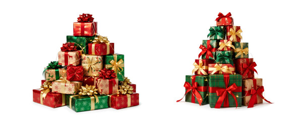 Set of Festive Tower of Christmas Gifts with Red and Green Ribbons in Pyramid Stacks