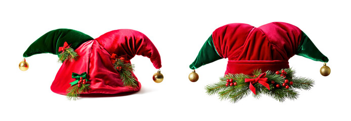 Set of Festive Jester Hats with Christmas Decorations and Golden Ornaments on White Background