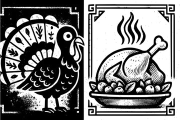 Festive Thanksgiving turkey illustration and a roasted bird on a platter ready to eat