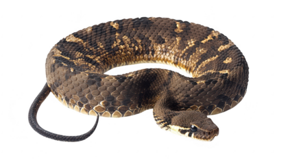 A close-up view of a coiled snake its intricate scale patterns and coloration. set against a plain white background. ideal for educational and wildlife-related content