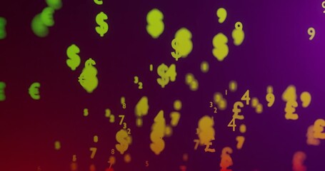 Colorful abstract background with floating currency signs and numbers. Concept of finance, banking, digital economy, forex trading, and global business. - Powered by Adobe