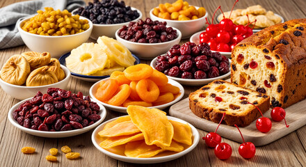 Variety of Dried Fruits and Fruitcake on a Wooden Table with Cherries and Candied Delights.Sweet Ingredients for Christmas baking