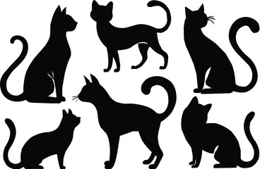 Silhouettes of SIX black cats in various poses showing playful and elegant movements ILLSTRATION VECTOR 