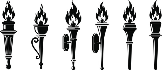 Medieval wall torch illustration, fantasy fire lamp design, antique flame holder, vintage wall sconce, decorative burning torch, ancient lighting element