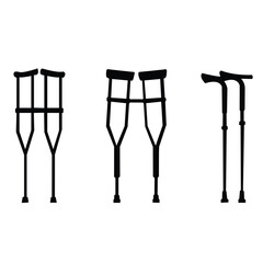 A set of medical silhouette graphics featuring essential mobility aid equipment, including adjustable crutches and walking canes for patient support