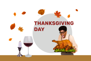 Creative poster collage of amazed man turkey dinner thanksgiving day celebration holiday concept unusual fantasy billboard comics