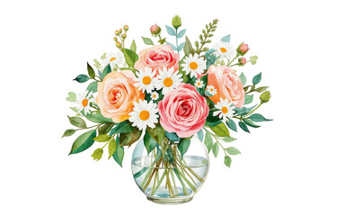 Beautiful bouquet of pink roses and daisies in a clear glass vase on a light background