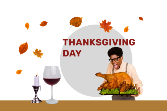 Creative poster collage of amazed man turkey dinner thanksgiving day celebration holiday concept unusual fantasy billboard comics