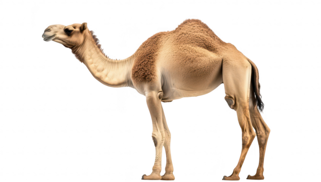 A majestic camel stands gracefully in profile against a clean white background. its unique features. ideal for educational content or wildlife publications
