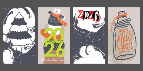 Obraz premium Merry Christmas and Happy New Year’s Eve 2026 Greeting Card Poster Web Banner and Holiday Cover Set in Trendy Boho Doodle Style for Seasonal Greetings Ads and Sales