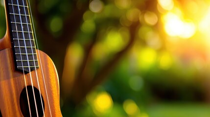 Close-up of a ukulele against a blurred green garden backdrop during sunset, creating a warm atmosphere