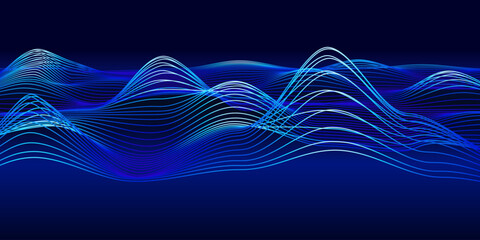 Glowing wave lines in blue tones on a dark gradient backdrop, abstract digital background. Flowing curved lines create a futuristic and dynamic visual effect.
