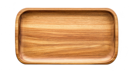 A beautifully crafted wooden serving tray with a smooth finish. placed on a clean white background. ideal for culinary delights or as an elegant decor piece