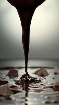 Extreme close-up video of luxurious dark chocolate chunks falling into a thick, melted dark chocolate pool, with a molten stream from a spoon against a clean cyclorama background, high-end food