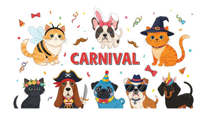 Carnival of Costumed Creatures: A lively illustration showcases a whimsical carnival scene featuring an array of charming animals adorned in delightful costumes and celebratory confetti. 