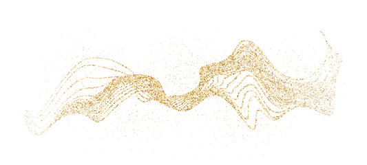 Abstract shimmer stipple flow. Dynamic golden waves with small particles. Golden curved dashed gradient net. Shine undulate pattern. Vector holiday dotted flying particles