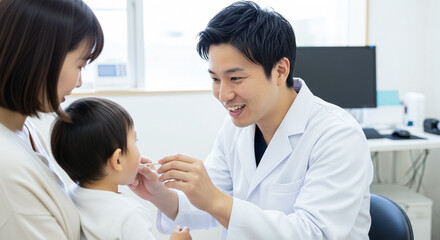 Obraz premium 小児科で医師から診察を受ける赤ちゃんと母親