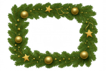 Christmas pine wreath frame with golden baubles and stars on transparent background, celebrating holiday season