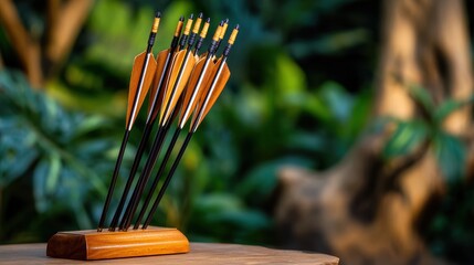 A beautifully arranged set of traditional arrows in a wooden stand, surrounded by lush greenery in the background
