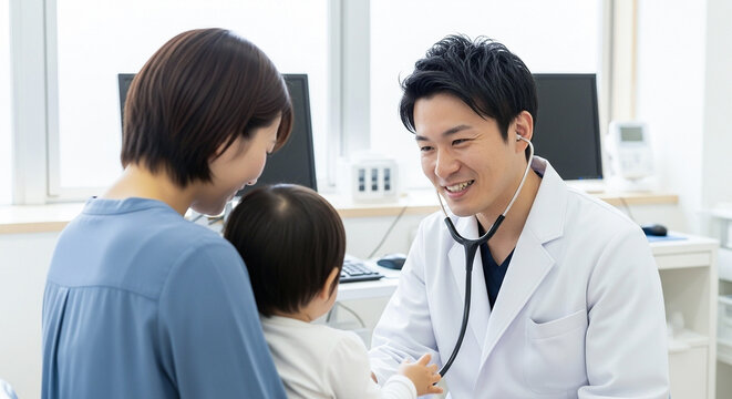 小児科で医師から診察を受ける赤ちゃんと母親