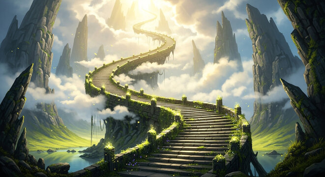 Ascend to a vibrant, ethereal world with this stunning stairway to heaven, perfect for fantasy projects, spiritual themes, and inspirational designs