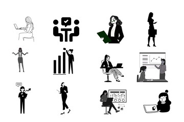 Collection of business women icons and illustrations in silhouette style