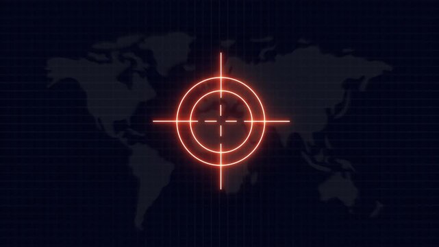 Neon aim cross, target search and aiming animation. Crosshair, gun aim, sniper target, bullseye, precise shoot, hunting, target audience Black Background 4k video.