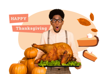 Sketch image collage of autumn season happy thanksgiving day feast young man omg face waiter hand hold turkey dinner food pumpkin cake