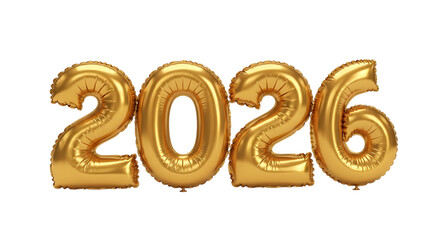 Golden foil balloons spelling out '2026' on black background on transparent background