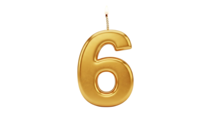 Golden number 6 candle with flame on black background on transparent background