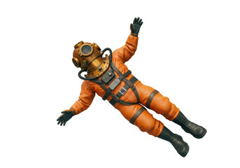 Isolated diver wearing a vintage suit with brass diving helmet and orange jumpsuit apparel