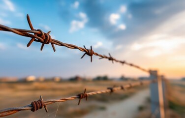 Barbed wire fence stands against a colorful sunset background near the immigration border