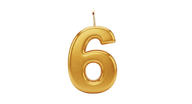 Golden number 6 candle with flame on black background on transparent background